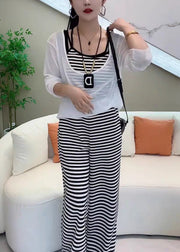 White Striped Pockets Cotton Three Pieces Set Elastic Waist Long Sleeve