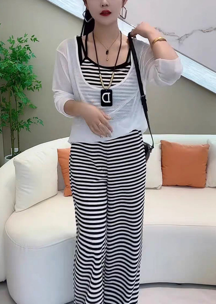 White Striped Pockets Cotton Three Pieces Set Elastic Waist Long Sleeve