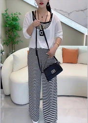 White Striped Pockets Cotton Three Pieces Set Elastic Waist Long Sleeve