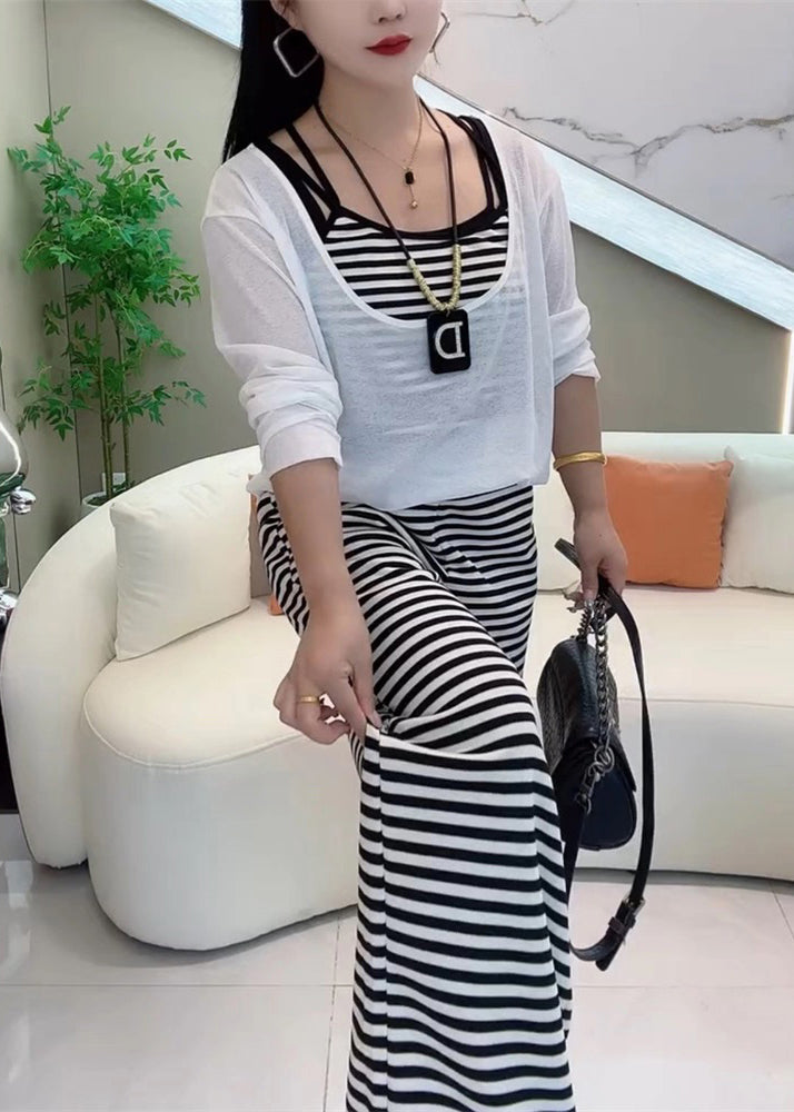 White Striped Pockets Cotton Three Pieces Set Elastic Waist Long Sleeve