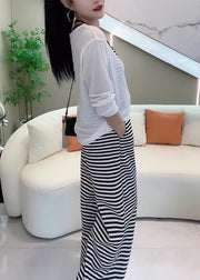 White Striped Pockets Cotton Three Pieces Set Elastic Waist Long Sleeve