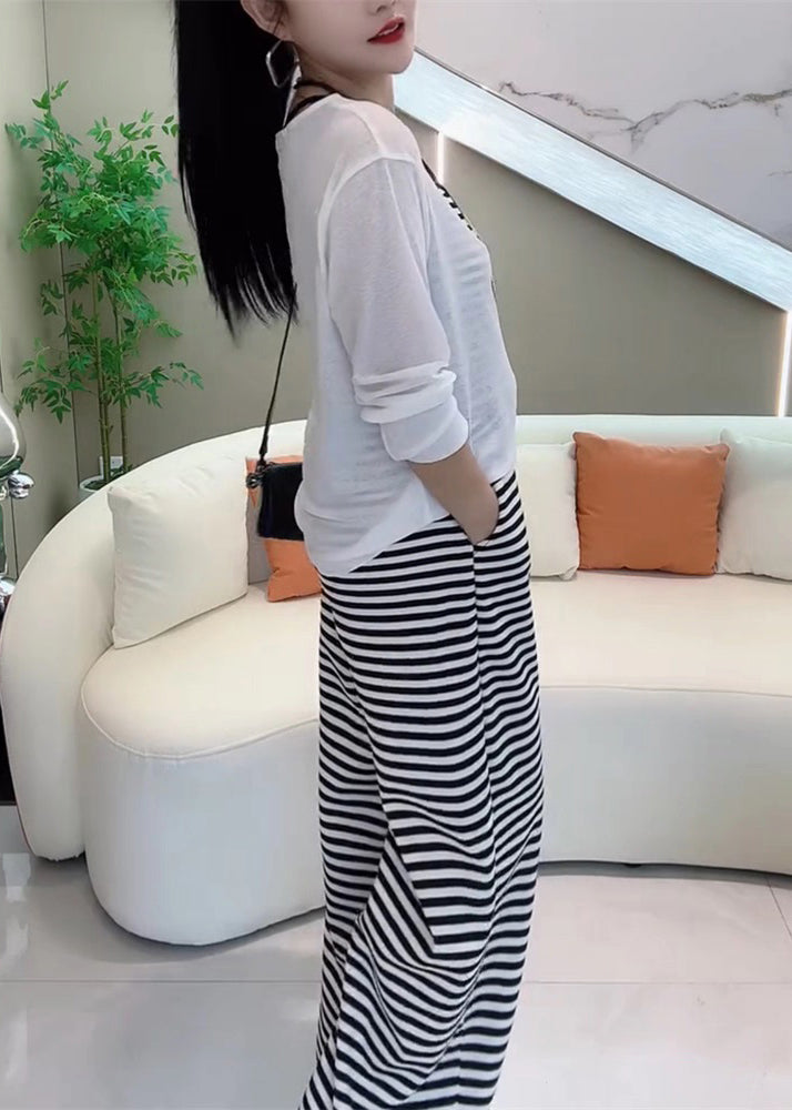 White Striped Pockets Cotton Three Pieces Set Elastic Waist Long Sleeve