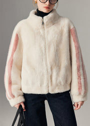 White Striped Pockets Mink Hair Winter Coats Zip Up