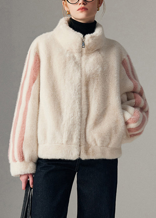 White Striped Pockets Mink Hair Winter Coats Zip Up