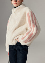 White Striped Pockets Mink Hair Winter Coats Zip Up