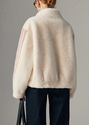 White Striped Pockets Mink Hair Winter Coats Zip Up