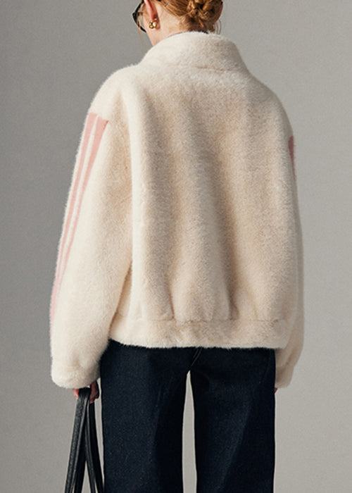 White Striped Pockets Mink Hair Winter Coats Zip Up