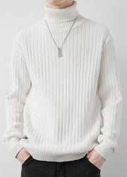 White Striped Solid Knit Winter Mens Sweaters Turtleneck