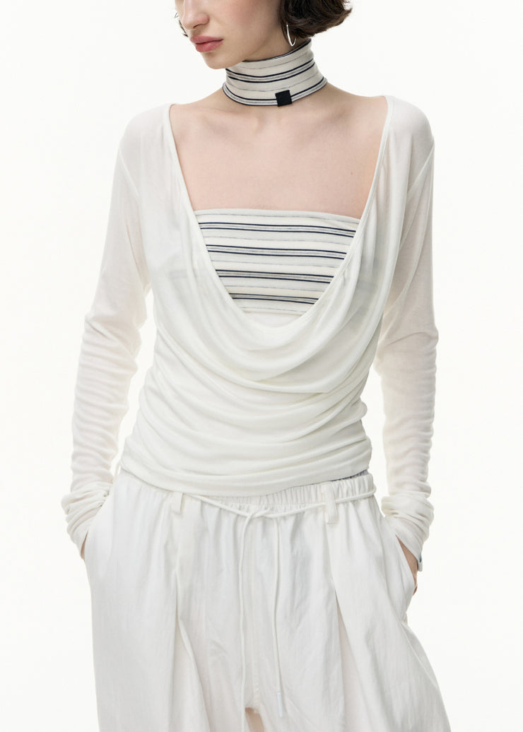 White Striped Solid Slim Fit Cotton Two Pieces Set V Neck