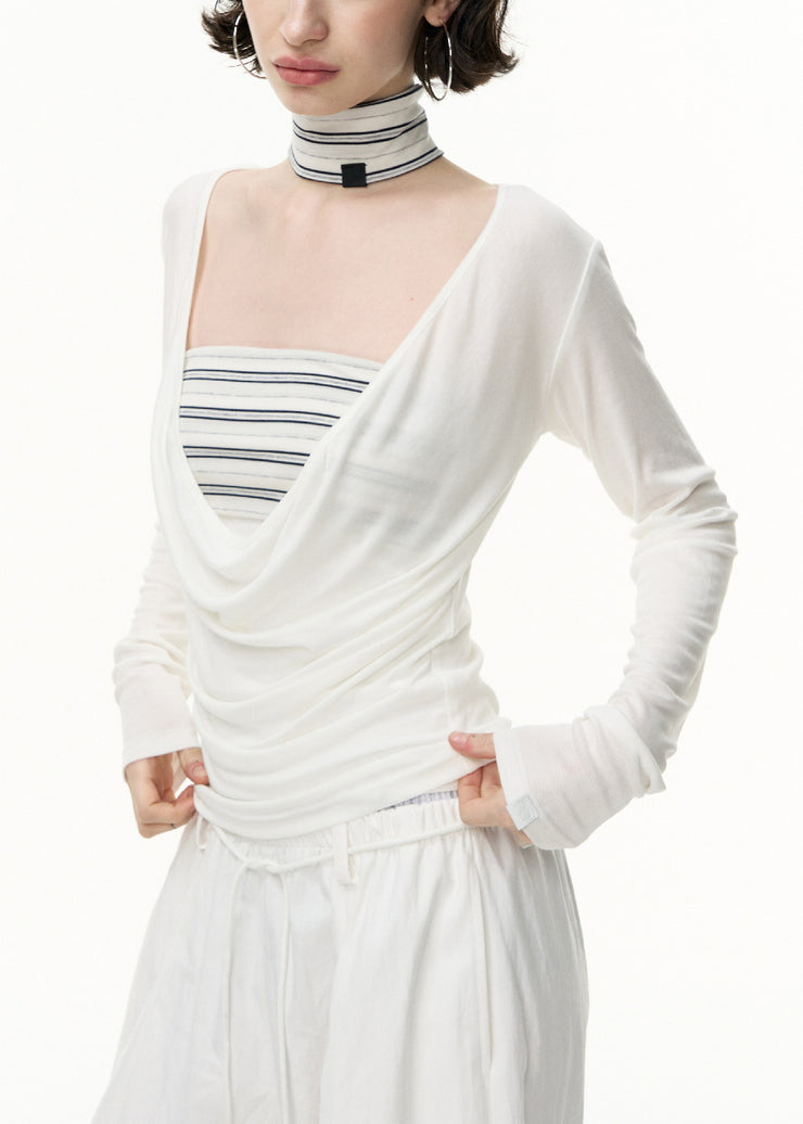 White Striped Solid Slim Fit Cotton Two Pieces Set V Neck