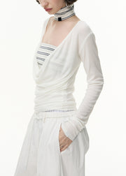 White Striped Solid Slim Fit Cotton Two Pieces Set V Neck