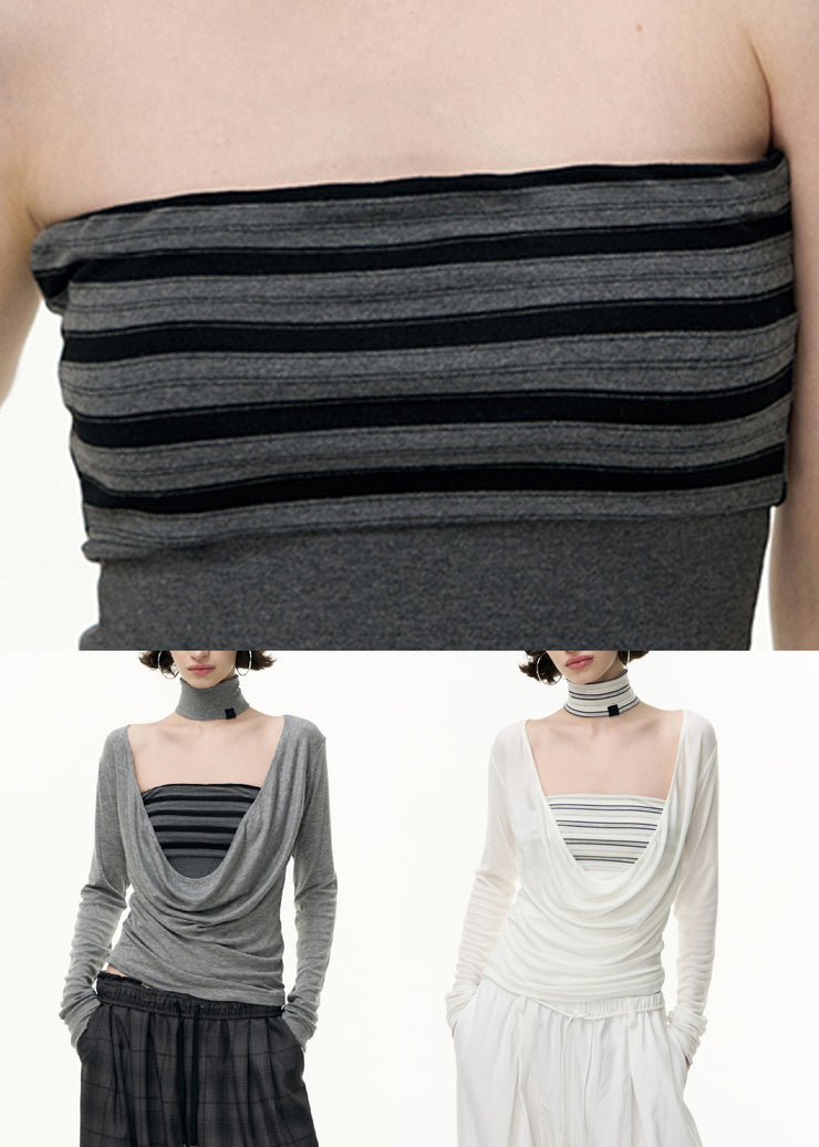 White Striped Solid Slim Fit Cotton Two Pieces Set V Neck