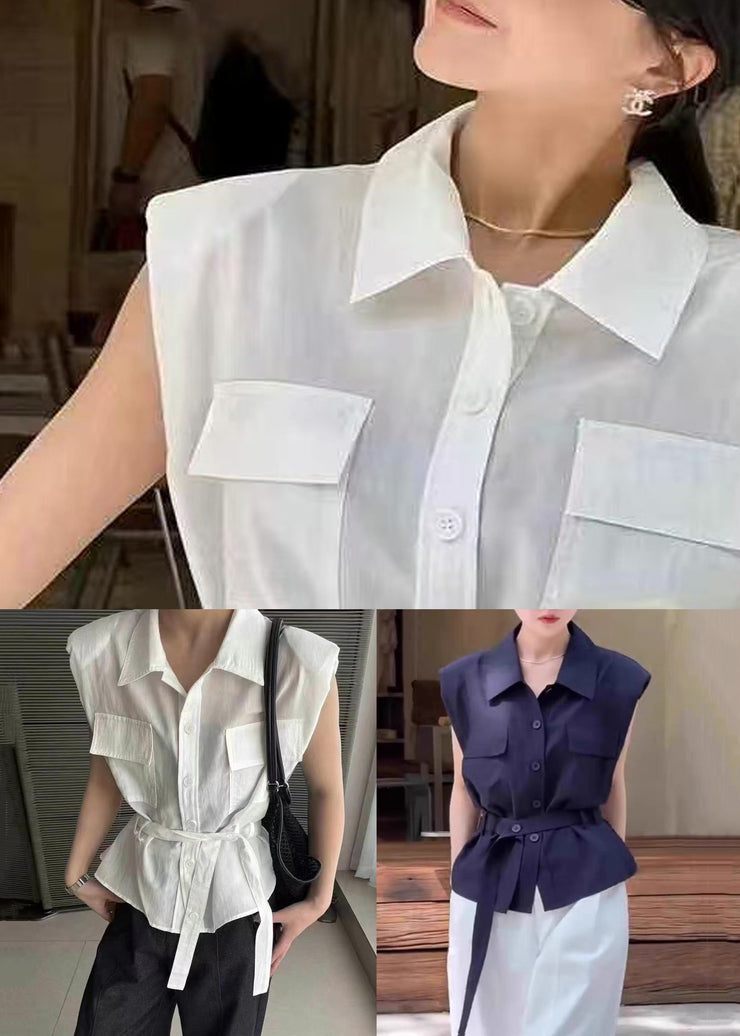 White Tie Waist Cotton Blouses Peter Pan Collar Summer