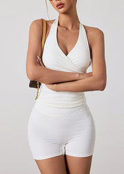 White V Neck High Waist Sports Bra And Leggings Set Suit