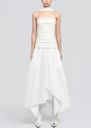 White Wrinkled Cotton Long Dresses Asymmetrical Summer