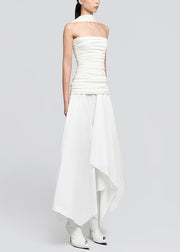 White Wrinkled Cotton Long Dresses Asymmetrical Summer