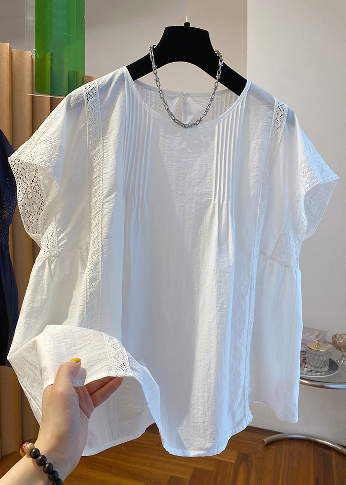 White Wrinkled Lace Patchwork Cotton Summer Shirts O Neck