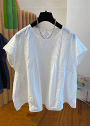 White Wrinkled Lace Patchwork Cotton Summer Shirts O Neck