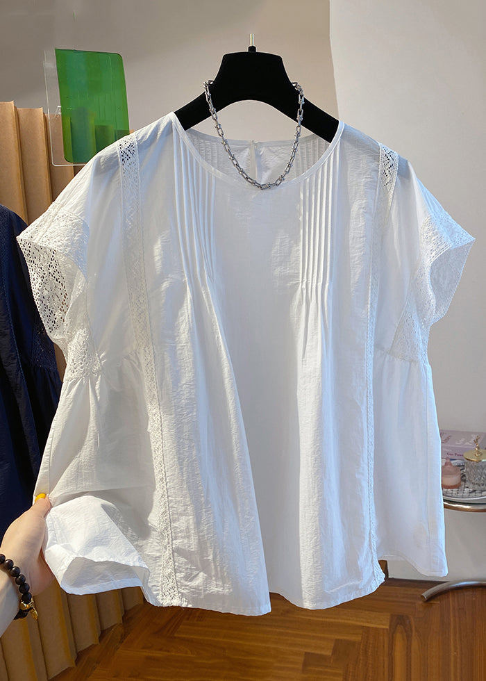 White Wrinkled Lace Patchwork Cotton Summer Shirts O Neck