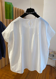 White Wrinkled Lace Patchwork Cotton Summer Shirts O Neck
