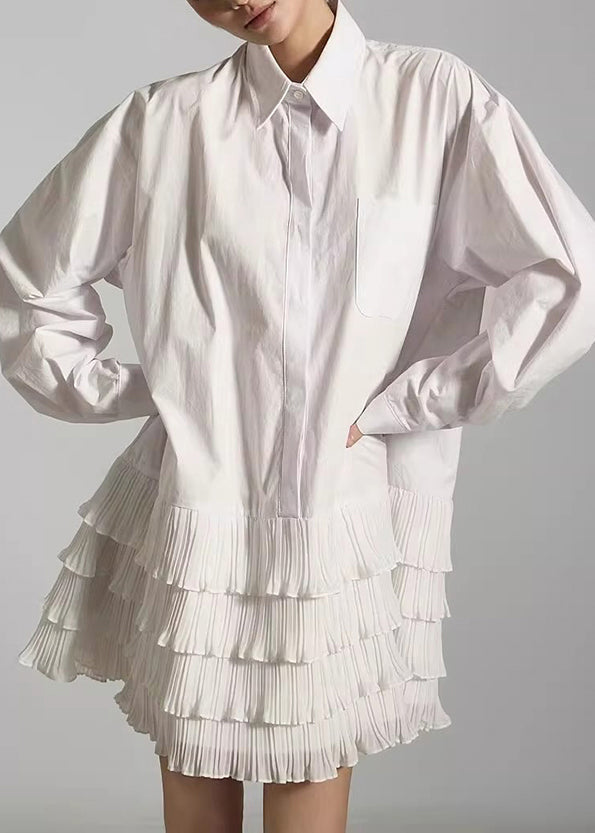 White Wrinkled Pockets Patchwork Cotton Dress Peter Pan Collar