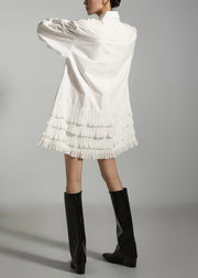 White Wrinkled Pockets Patchwork Cotton Dress Peter Pan Collar