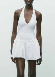 White Wrinkled Solid Cotton Mini Dress Backless Summer