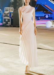 White Wrinkled Solid Silk Long Dresses Asymmetrical Summer