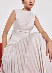 White Wrinkled Solid Silk Long Dresses Asymmetrical Summer