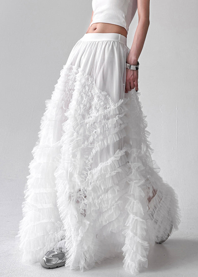 White Wrinkled Tulle A Line Skirts High Waist