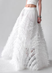 White Wrinkled Tulle A Line Skirts High Waist