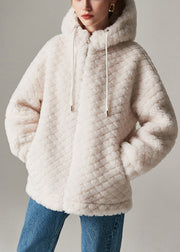 White Zippered Pockets Woolen Winter Coats Hooded