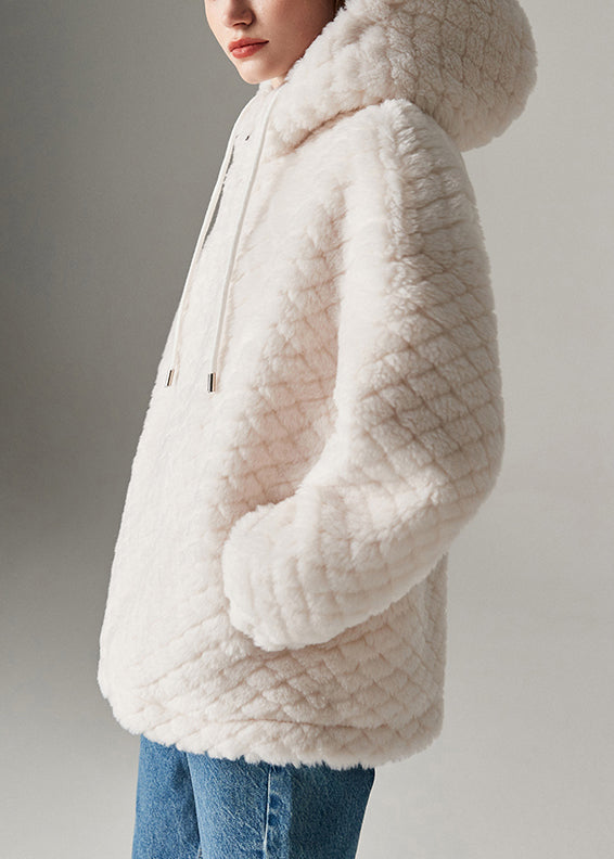 White Zippered Pockets Woolen Winter Coats Hooded
