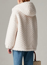 White Zippered Pockets Woolen Winter Coats Hooded