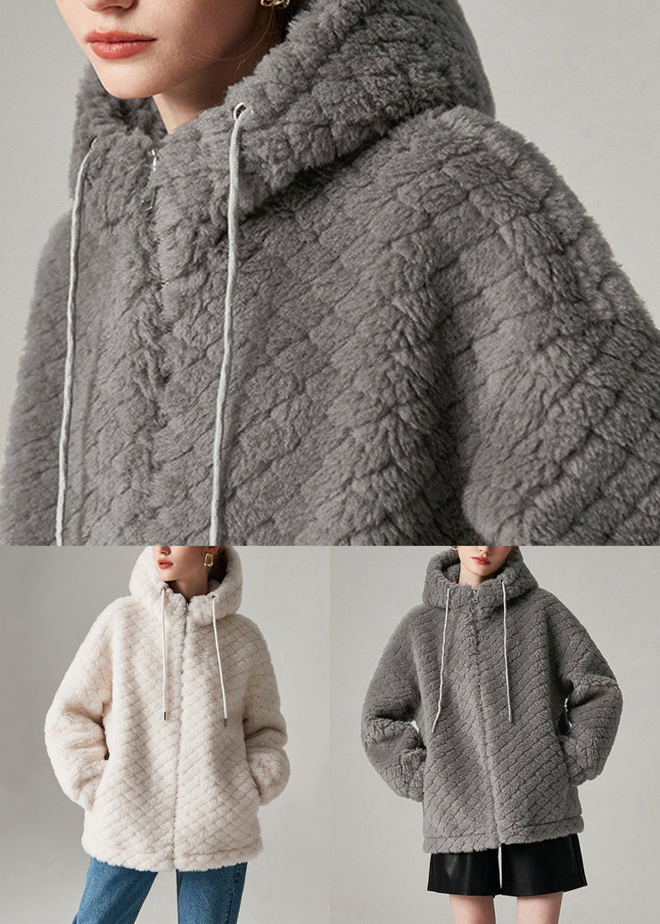White Zippered Pockets Woolen Winter Coats Hooded