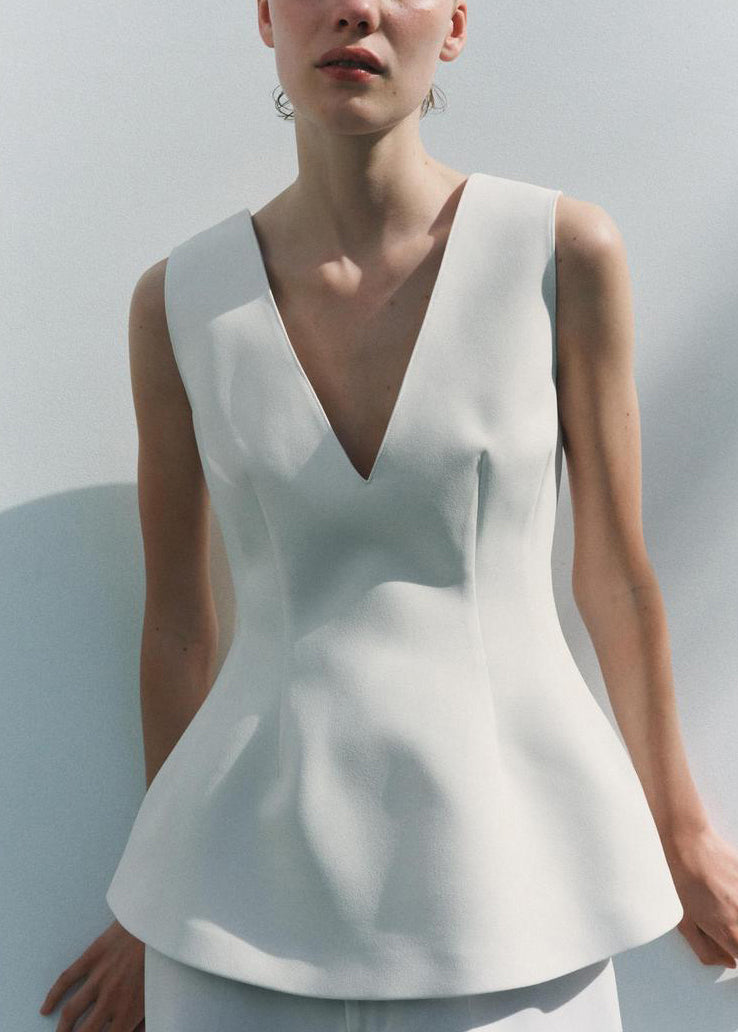 White Zippered Solid Spandex Top V Neck Summer