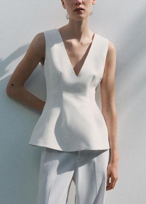 White Zippered Solid Spandex Top V Neck Summer
