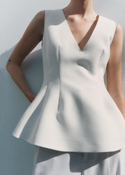 White Zippered Solid Spandex Top V Neck Summer