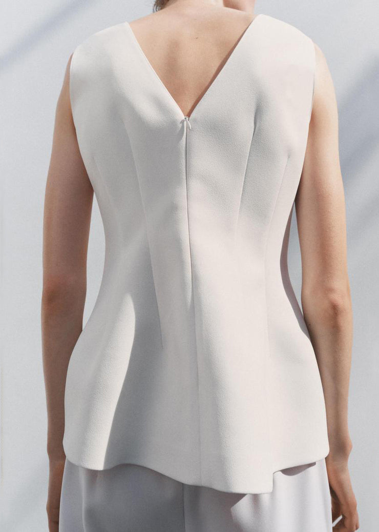 White Zippered Solid Spandex Top V Neck Summer
