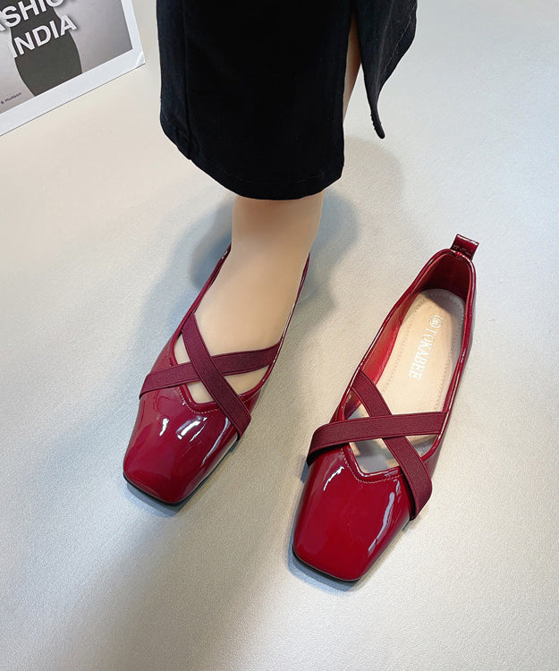 Wine Red Faux Leather Flat Shoes For Women Splicing Cross Strap