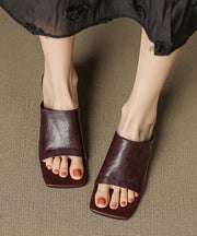 Wine Red Sheepskin Splicing Wedge Heels Slide Sandals