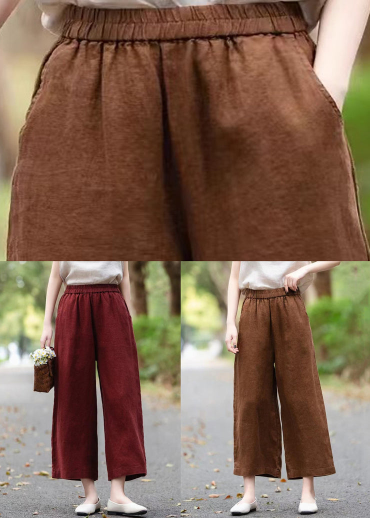Wine Red Solid Linen Summer Crop Pants Elastic Waist