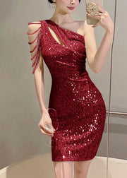 Wine Red Zippered Mini Dress Asymmetrical Sleeveless