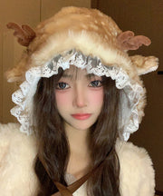 Winter Deer Antlers Fuzzy Wool Lined Warm Thick Bucket Hat