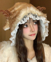Winter Deer Antlers Fuzzy Wool Lined Warm Thick Bucket Hat