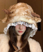 Winter Deer Antlers Fuzzy Wool Lined Warm Thick Bucket Hat