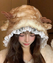 Winter Deer Antlers Fuzzy Wool Lined Warm Thick Bucket Hat