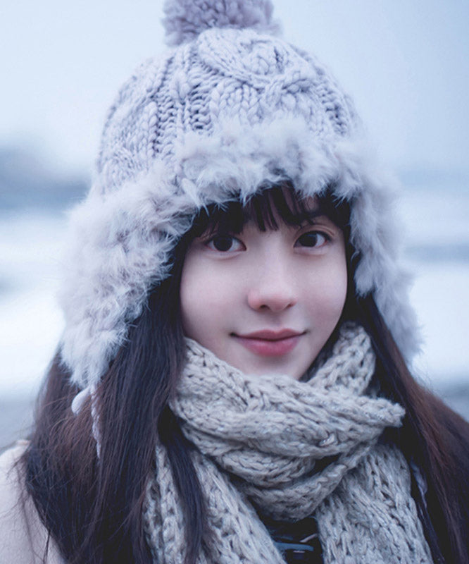 Winter Grey Warm Fuzzy Ball Rabbit Fur Knitted Hat