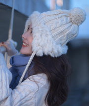 Winter Grey Warm Fuzzy Ball Rabbit Fur Knitted Hat