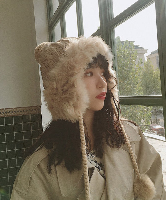 Winter Grey Warm Fuzzy Ball Rabbit Fur Knitted Hat